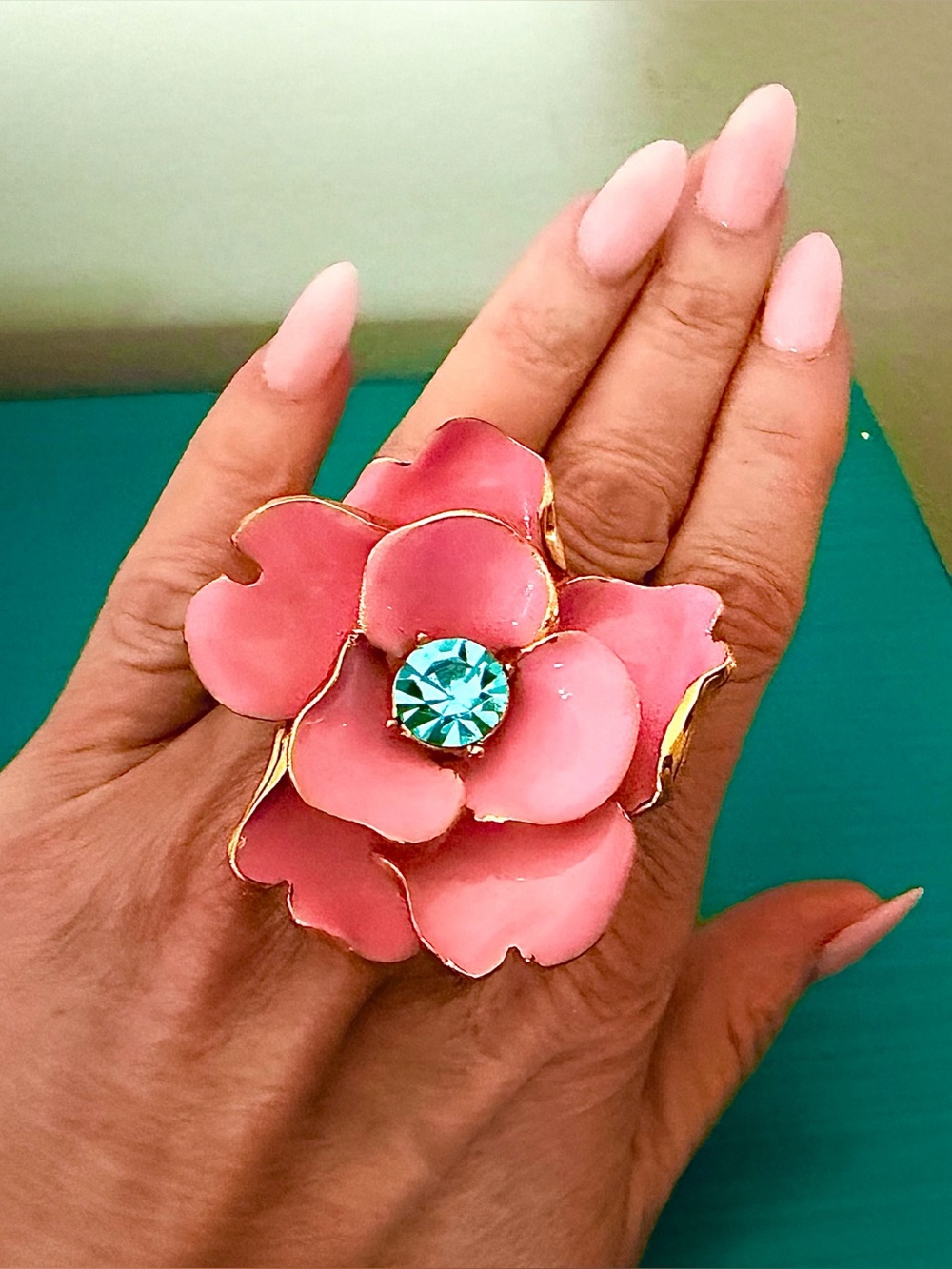 NEW! Oversized Statement Adjustable Pink Flower Ring with Aquamarine Crystal!